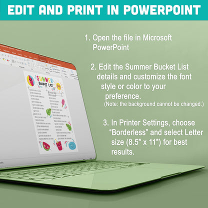 Printable Editable Summer Bucket List for Classroom: Kids' Activity Sheet in PDF & PowerPoint, Black & White and Color, Instant Download