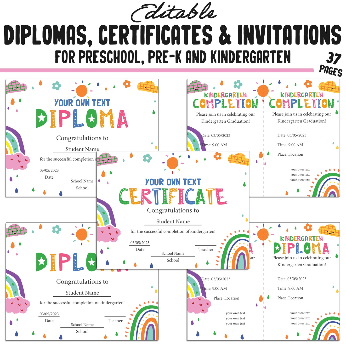 37 Editable Printable Pre-K, Kindergarten, and Preschool Diploma and Invitation Templates (PDF) - Instant Download