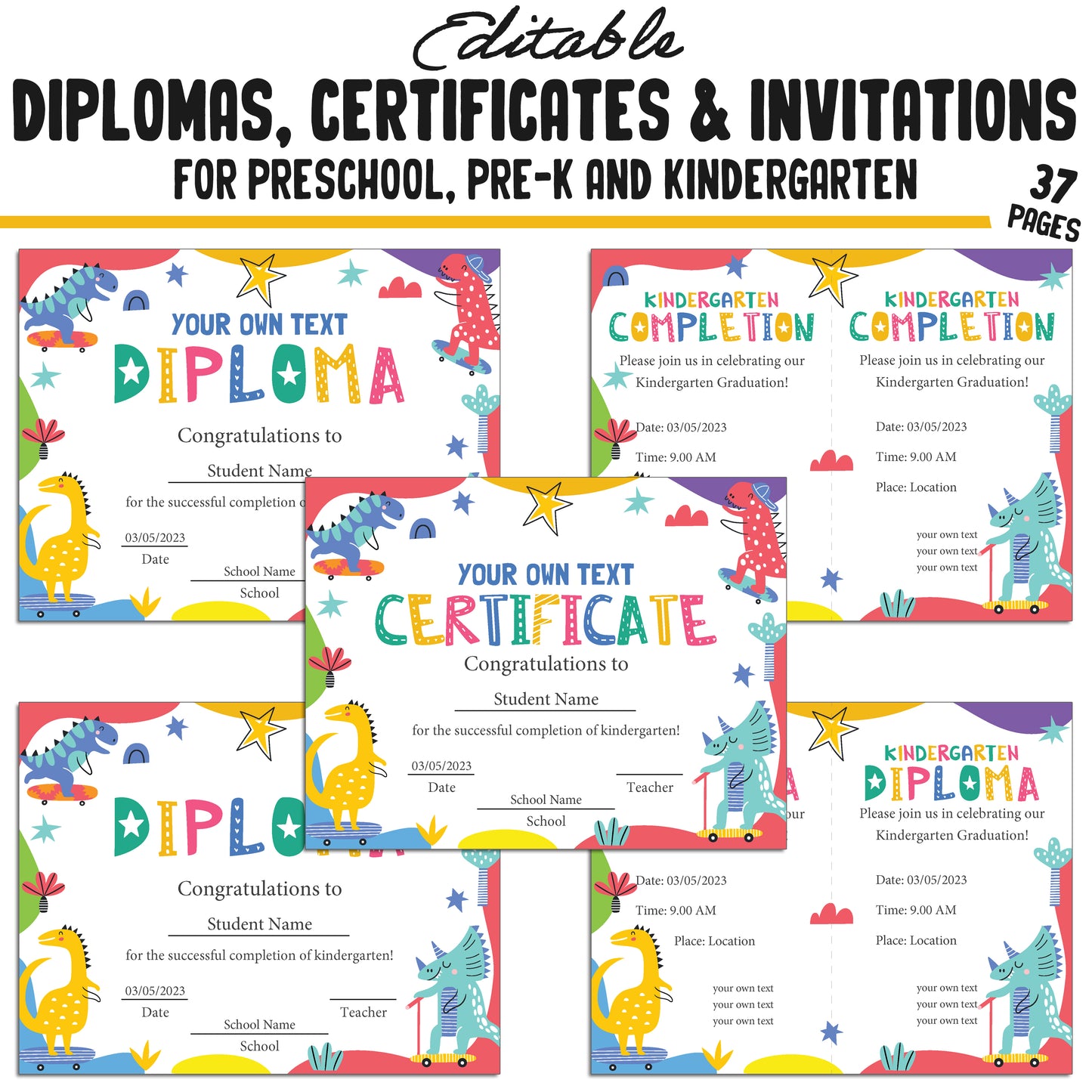 37 Editable Kindergarten, Pre-K, and Preschool Completion Certificate Diplomas, and Invitations Templates, PDF Files, Instant Download