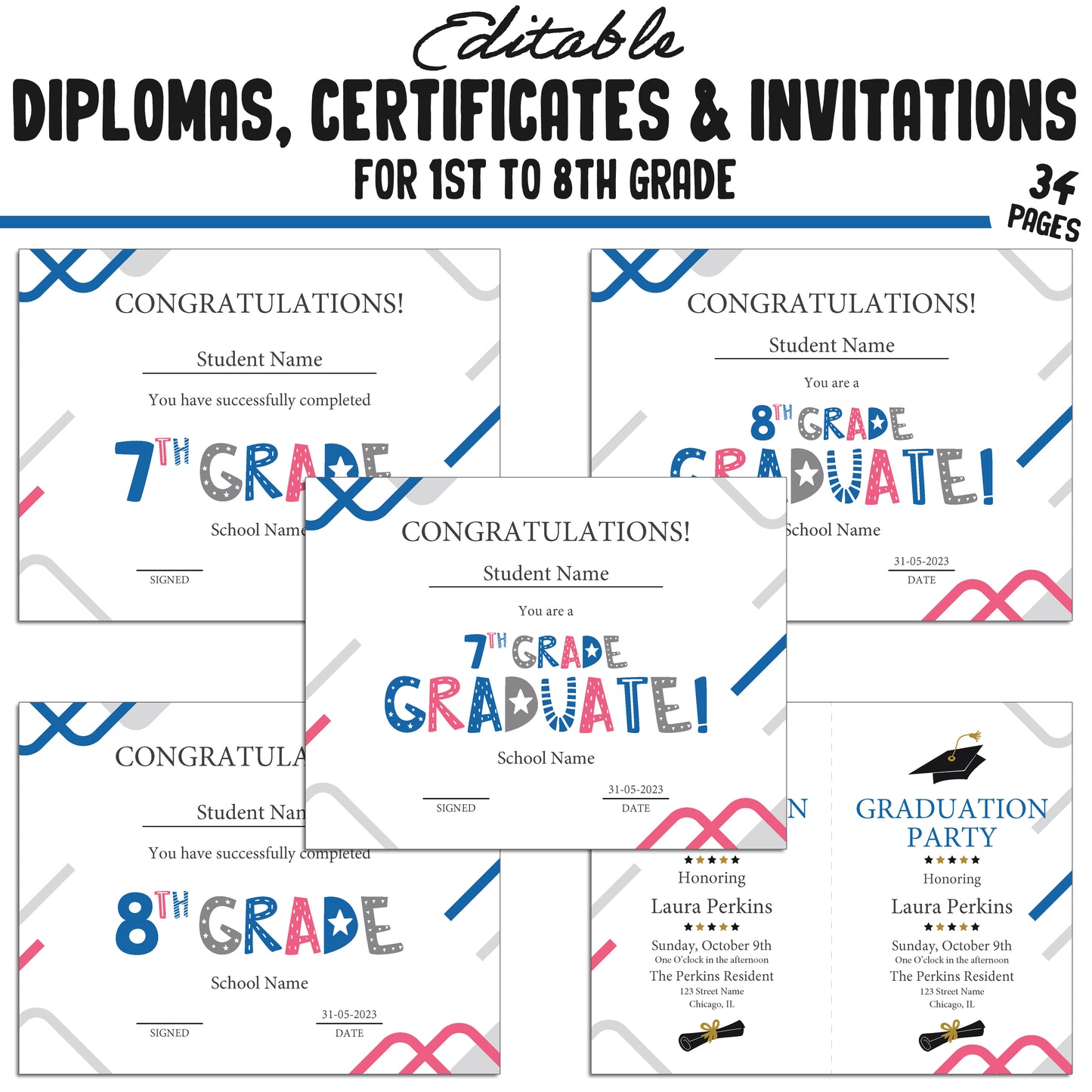 Graduation Diploma for First Graders, 1st-8th Grade Certificates, and Invitation Templates in a Modern Blue Theme, PDF Instant Download.