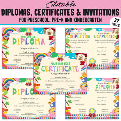 Editable Preschool, Pre-K, and Kindergarten Diplomas, Certificates, and Invitations – 37 Customizable PDF Pages, Instant Download