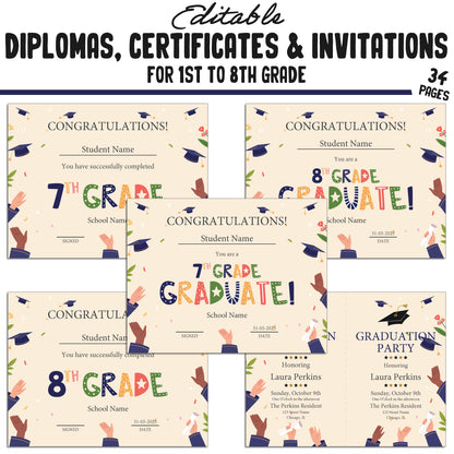 34 Editable/Printable First Grade Diplomas, 1st-8th Grade Certificates, Diplomas & Invitation Templates, Graduation-Themed, PDF