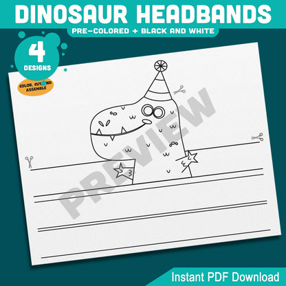 Dinosaur Birthday Headbands, Printable Paper Crowns, Color Your Own Party Hats, Wearable Dinosaur Craft, 4 Designs, US Letter, A4