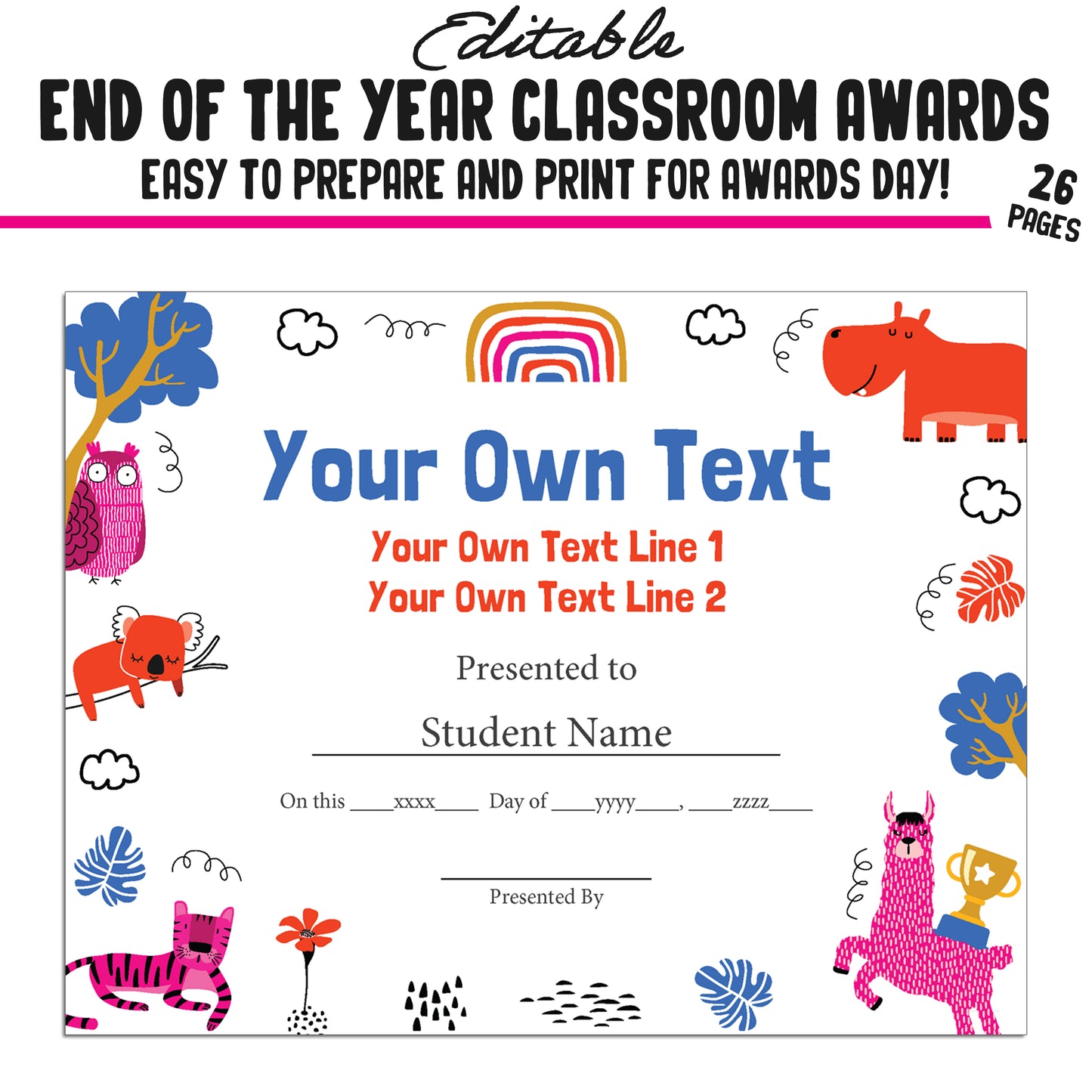 Customizable Classroom Superlatives and Fun End-of-Year Awards – 26-Page PDF with Adorable Animal Theme – Instant Download