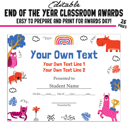 Customizable Classroom Superlatives and Fun End-of-Year Awards – 26-Page PDF with Adorable Animal Theme – Instant Download