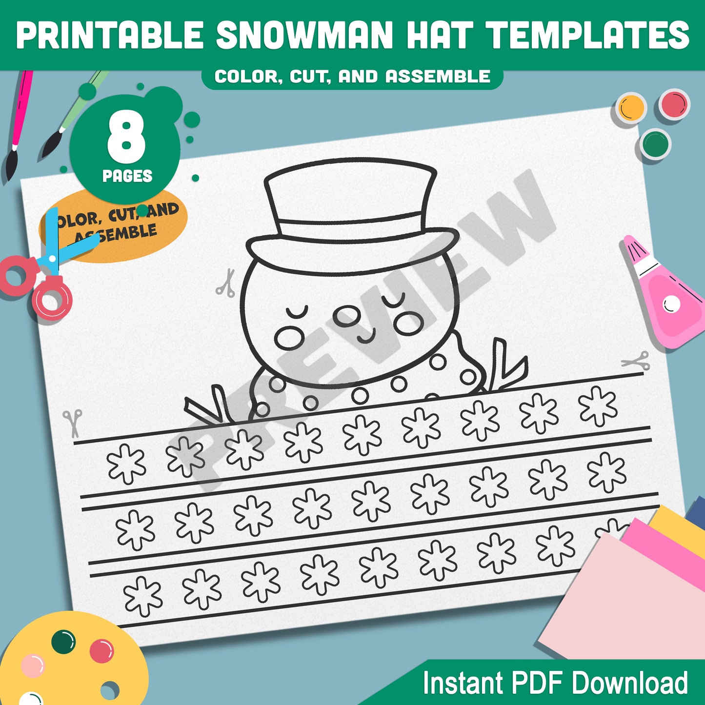 Christmas Snowman Hat Templates: Festive Craft for Kids with 4 Adorable Designs in Color and Black-and-White, Ready-to-Print PDF File.