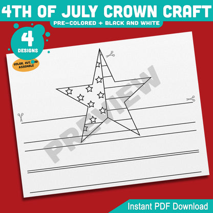 4th of July Crown Craft, Printable Holiday Headband Activity for Kids, Patriotic Coloring and Wearable Crown Templates