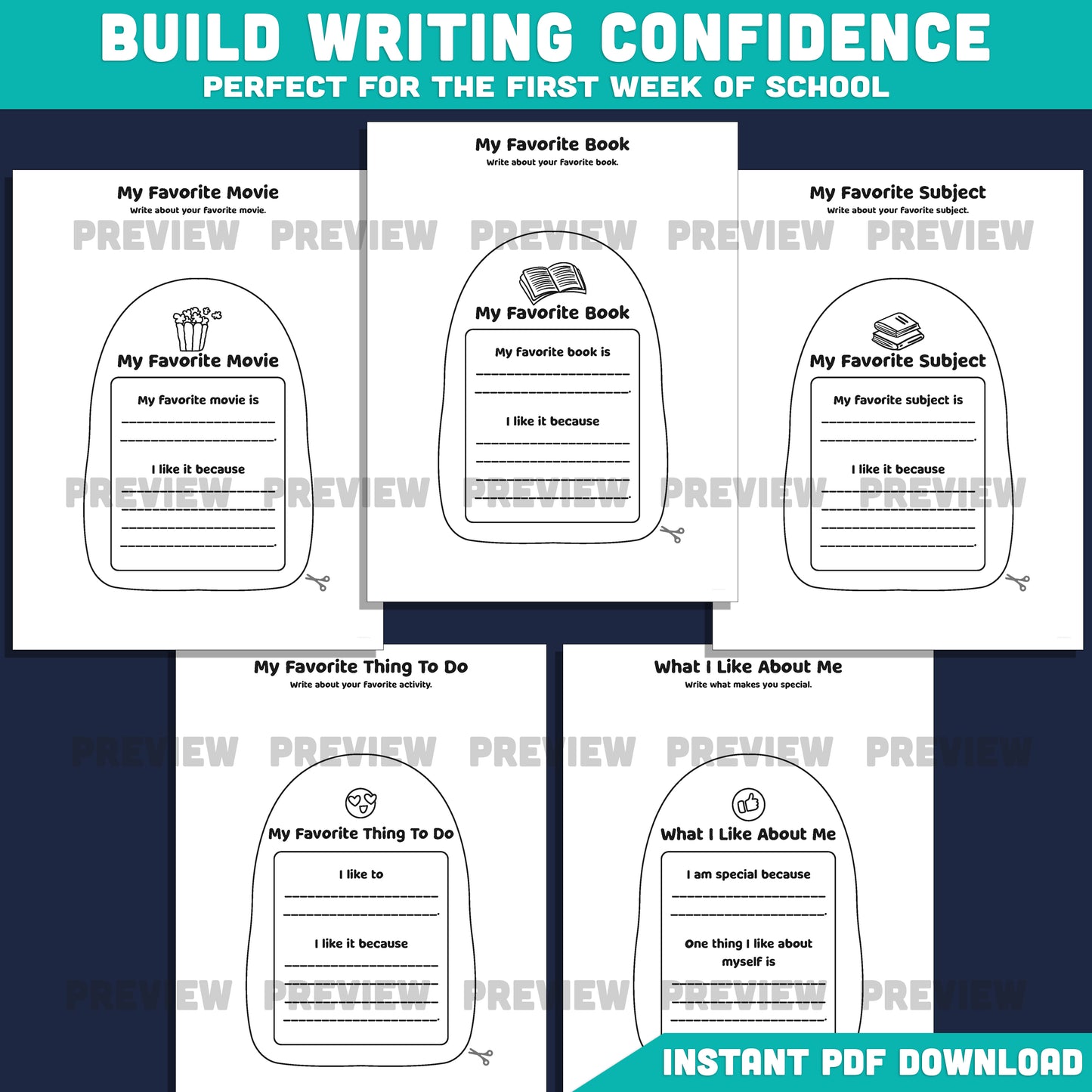 All About Me Backpack Template, Back to School Memory Book, Student Introduction Activity, First Week Printable, 17 Pages