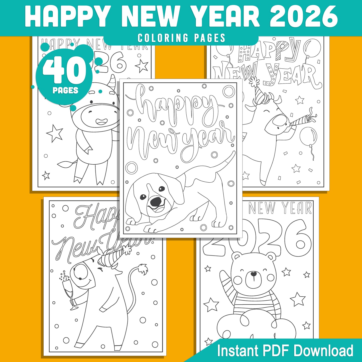 Kids' 2026 New Year Coloring Pages: 40 Funny Animal Prints for Holiday Fun, Creative Printable Activities, PDF Instant Download