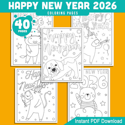 Kids' 2026 New Year Coloring Pages: 40 Funny Animal Prints for Holiday Fun, Creative Printable Activities, PDF Instant Download