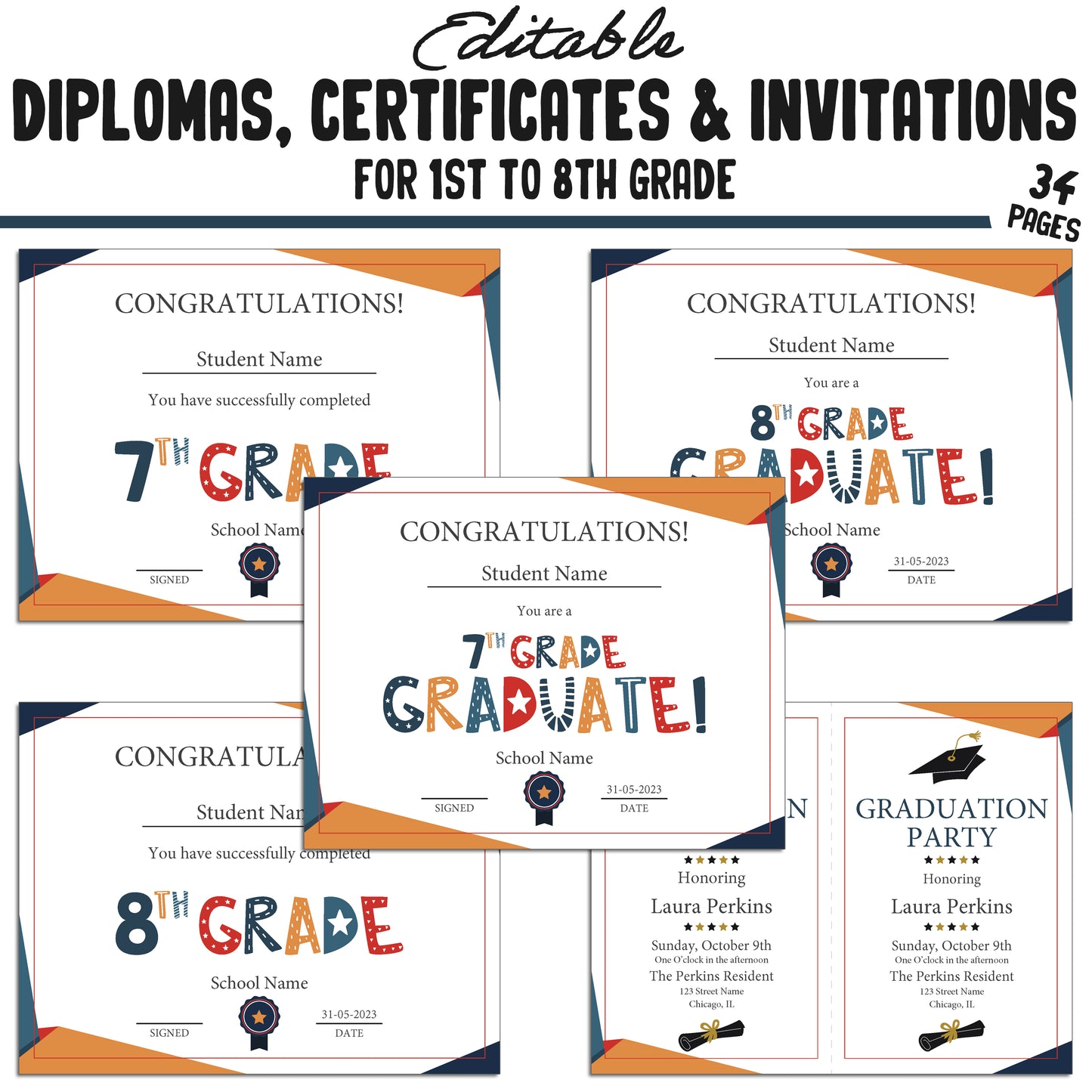 Printable 4th Grade Diplomas, Editable Certificates for 1st-8th Grades & Invitation Templates in a Flat Design, 34 Pages, Instant Download