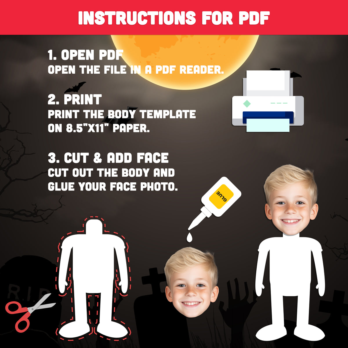 Halloween Ghost Body Templates, Photo Craft for Kids, Add Your Own Face, Halloween Activity, 10 Unique Designs, PDF + PNG Files, Coloring Version Included, 300 DPI
