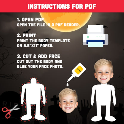 Halloween Ghost Body Templates, Photo Craft for Kids, Add Your Own Face, Halloween Activity, 10 Unique Designs, PDF + PNG Files, Coloring Version Included, 300 DPI