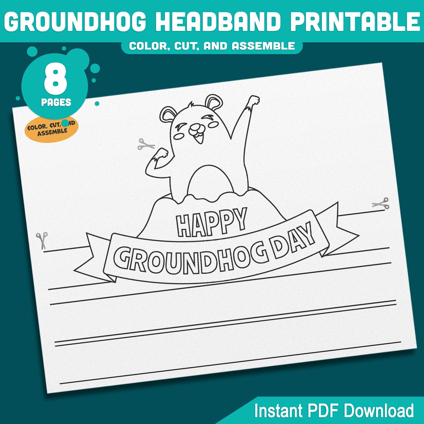 Printable Groundhog Day Headband & Crown Crafts for Kids, Fun Paper Hat Craft, Color Cut and Wear Crown Activity, Pre-color + Black & White