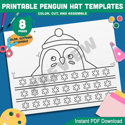 Printable Penguin Crown Craft Templates: 4 Winter-Themed Designs for Kids to Color, Cut, and Assemble, Includes Black & White, Instant Download.