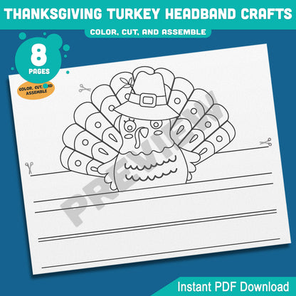 Printable Thanksgiving Turkey Headband Crafts, Fall Paper Crown Hat for Kids, Color, Cut & Wear Autumn Activity, 5 Turkey Designs, Pre-colored + Black & White, PDF