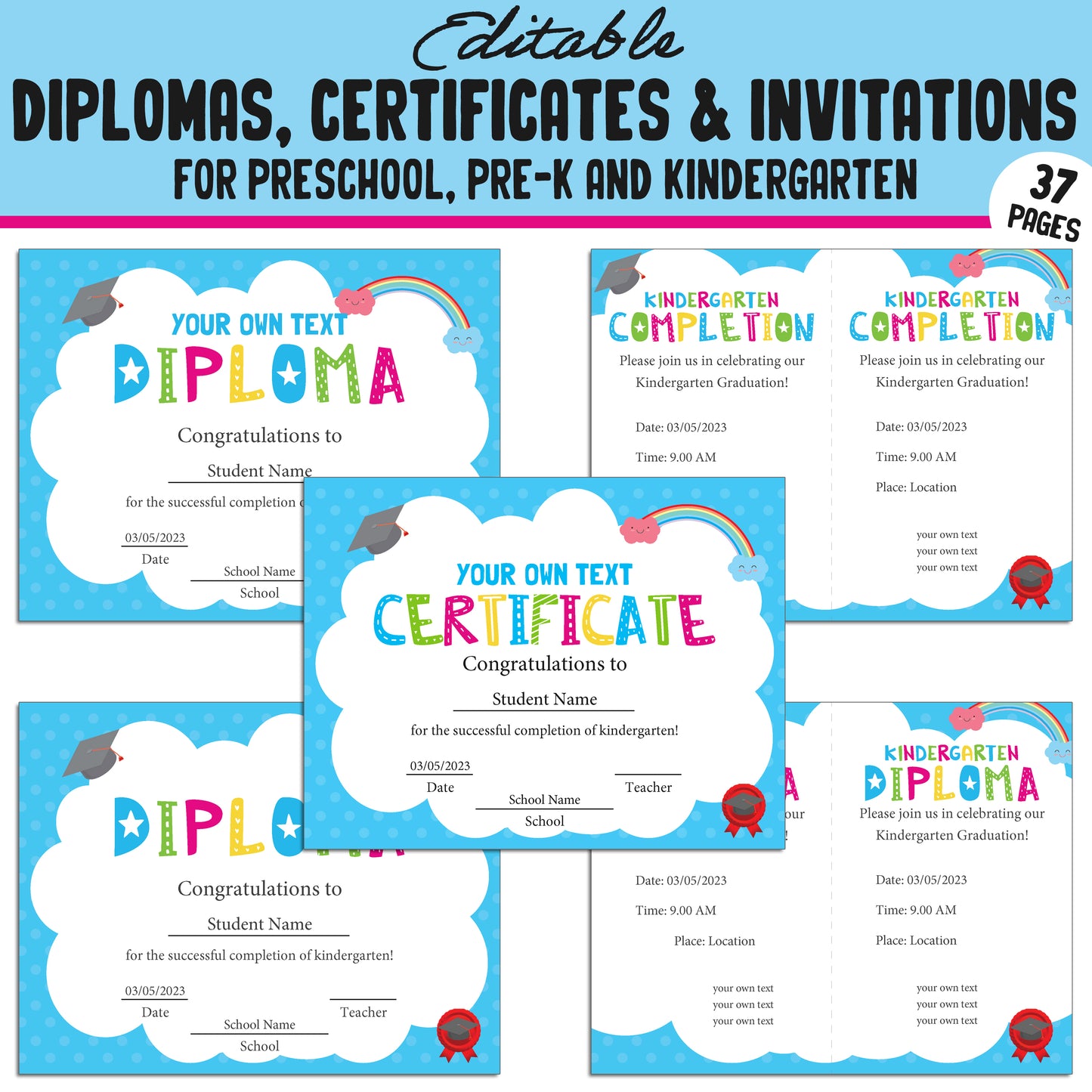 37 Editable Pre-K, Preschool, and Kindergarten Diplomas, Certificates, and Invitations – Instant PDF Download!