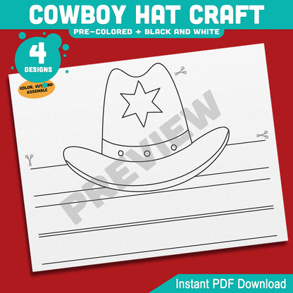 Cowboy Hat Craft, Wild West Headband Activity, Cowgirl & Cowboy Coloring Template, Summer Fun Printable, PDF Download