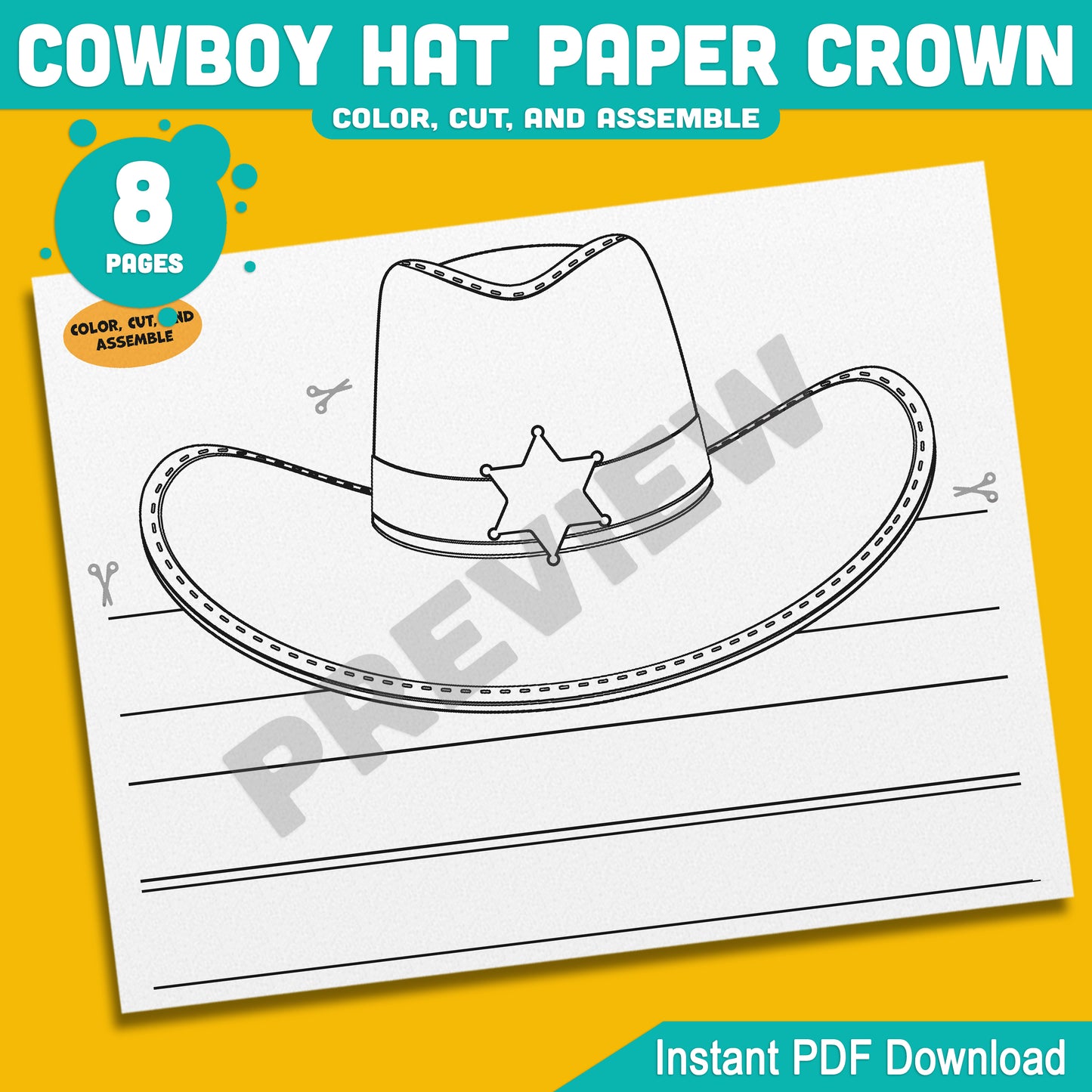 Cowboy and Cowgirl Paper Hat Crowns – Western-Themed Headband Crafts for Kids, 4 Designs, Pre-Colored & Black and White, PDF
