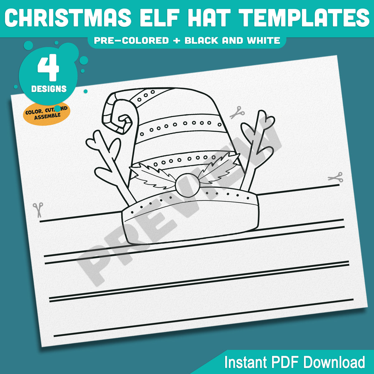 Christmas Elf Hat Templates, Kids Coloring Activity, Cut and Assemble Paper Hats