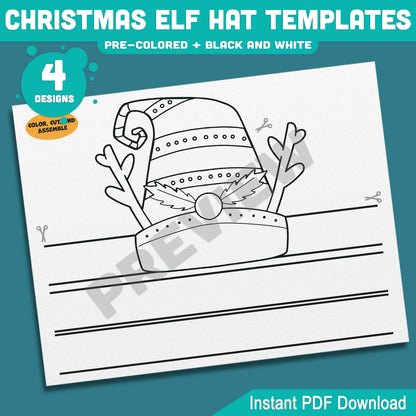 Christmas Elf Hat Templates, Kids Coloring Activity, Cut and Assemble Paper Hats