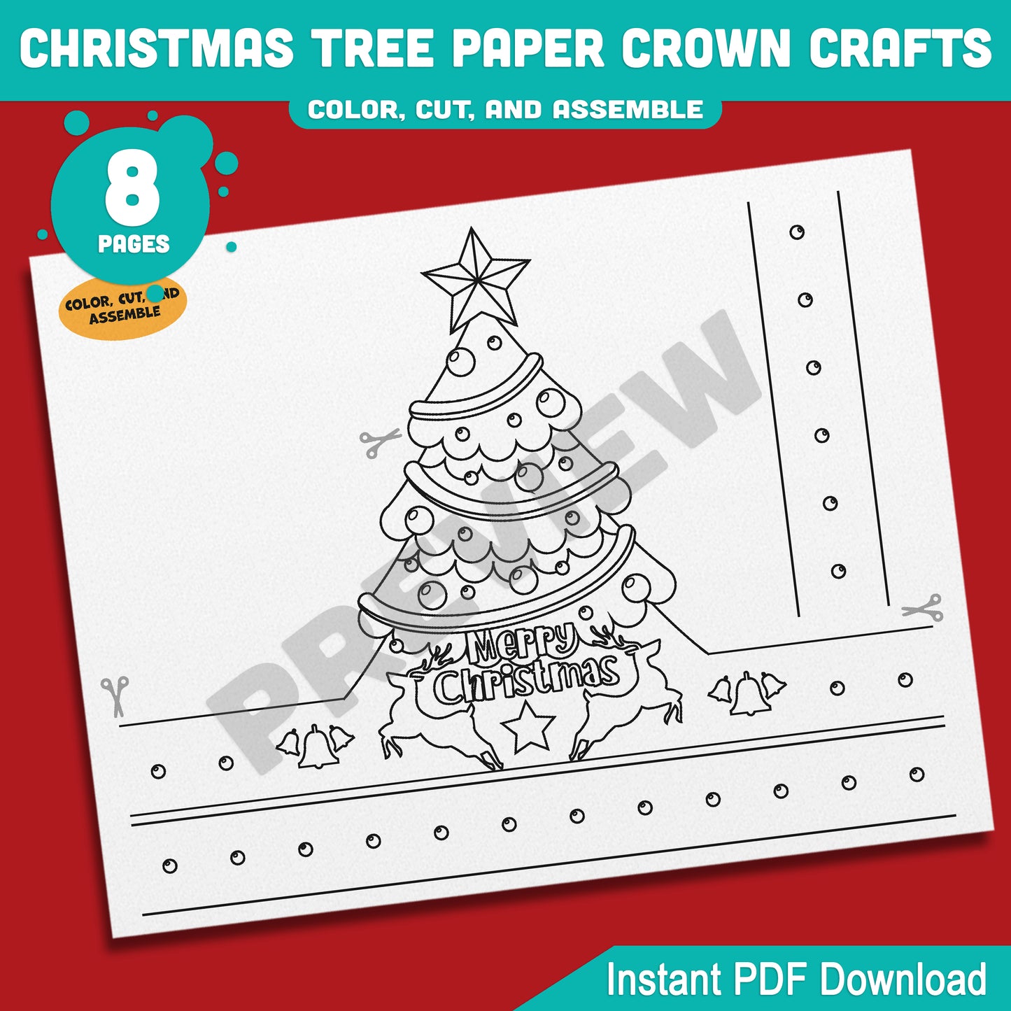 Printable Christmas Tree Paper Crown Crafts, Coloring Hat and Headband for Winter Fun, Holiday Party Paper Hat, 4 Designs, Pre-color + Black & White, PDF Download