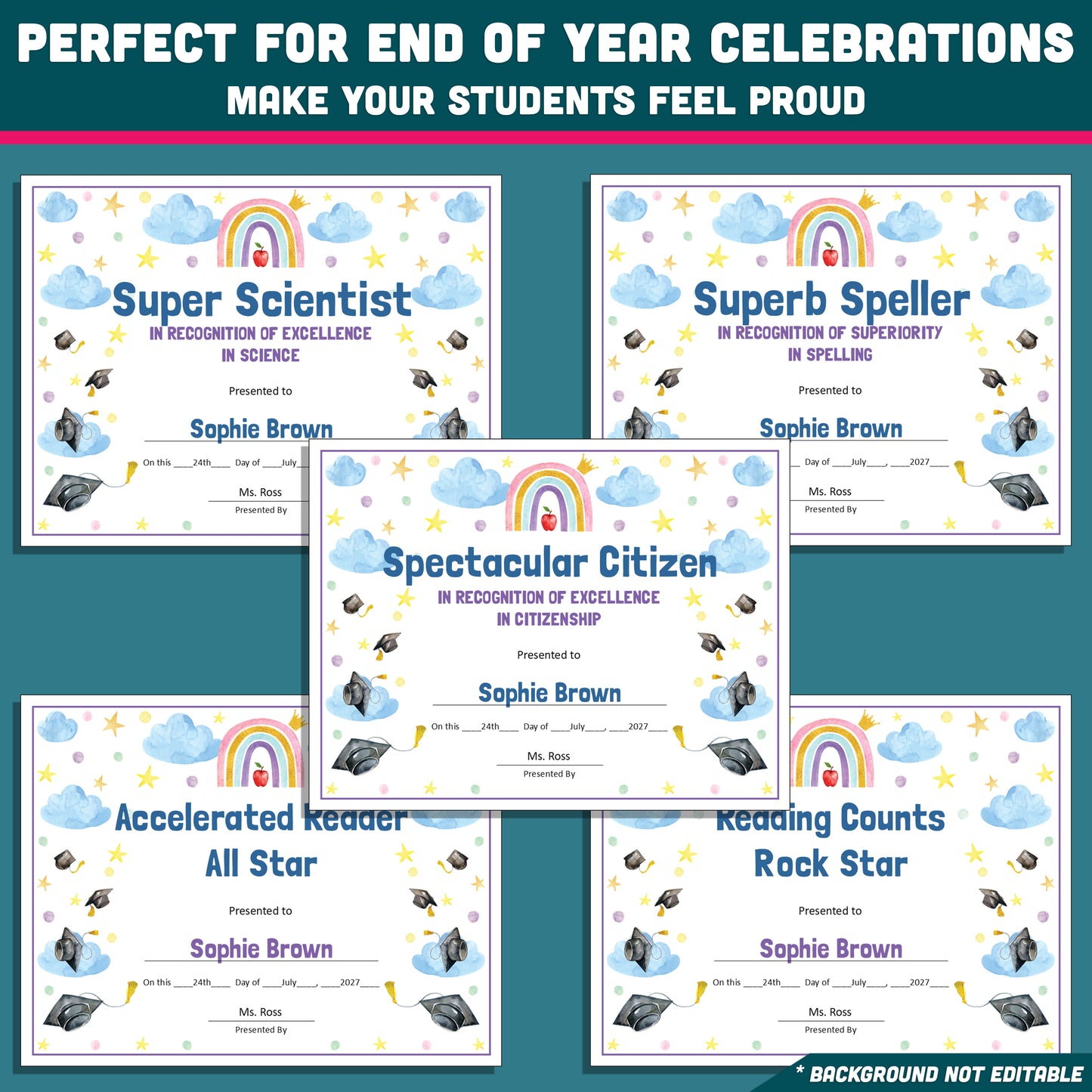 Kindergarten End-of-Year Awards, Personalized Recognition Set, 26 Customizable Diplomas and Certificates, PowerPoint, Printable