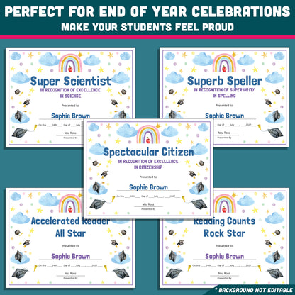 Kindergarten End-of-Year Awards, Personalized Recognition Set, 26 Customizable Diplomas and Certificates, PowerPoint, Printable