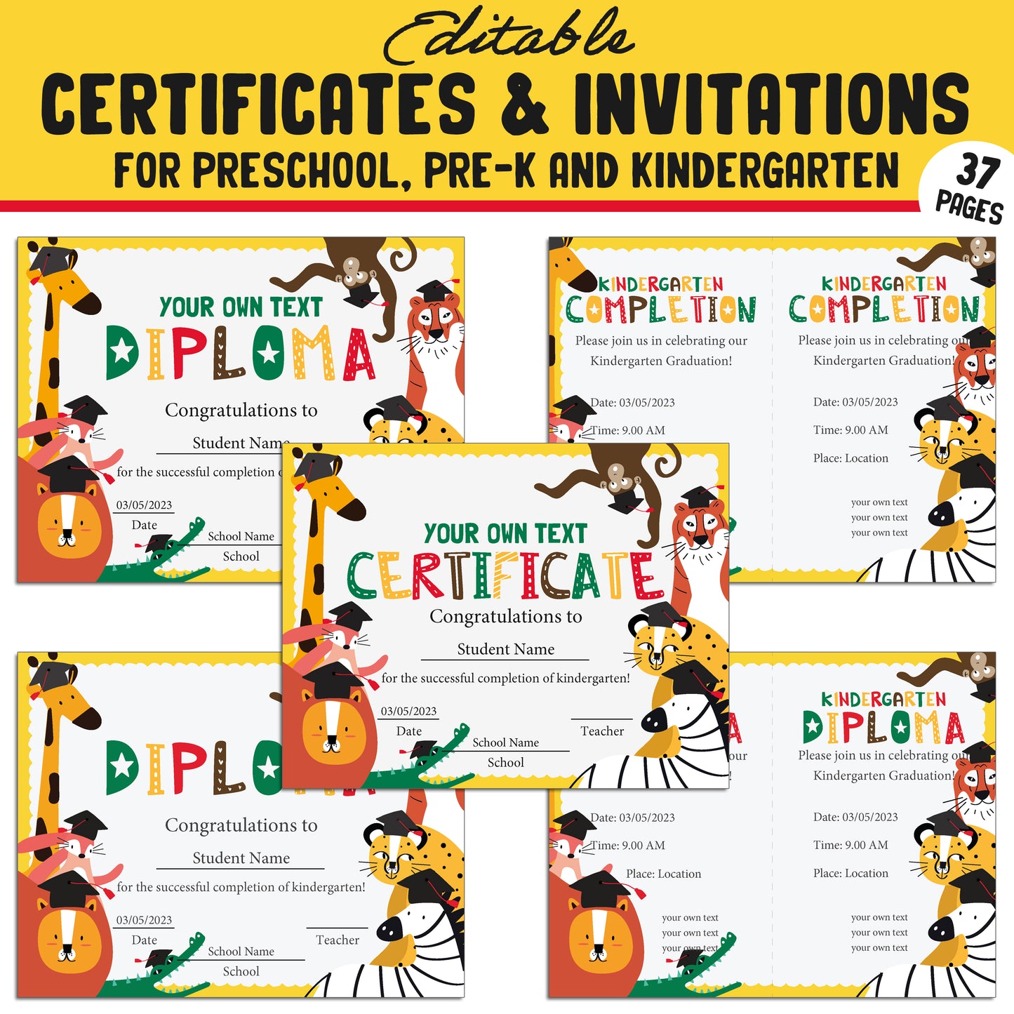 Fun Editable Certificates and Invitations for Preschool, Pre-K, and Kindergarten – 37 Customizable Pages, PDF Instant Download