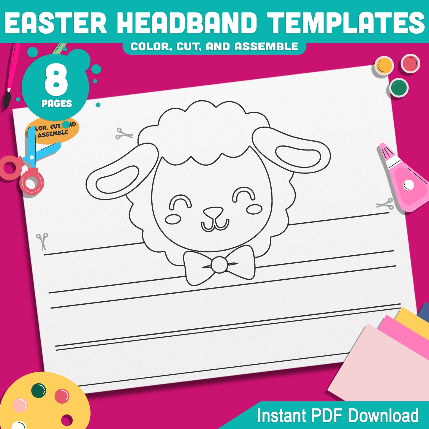 Easter Headband Templates for Kids – Bunny, Chick, Easter Egg & Lamb Wearable Crown Craft, Pre-color + Black & White PDF