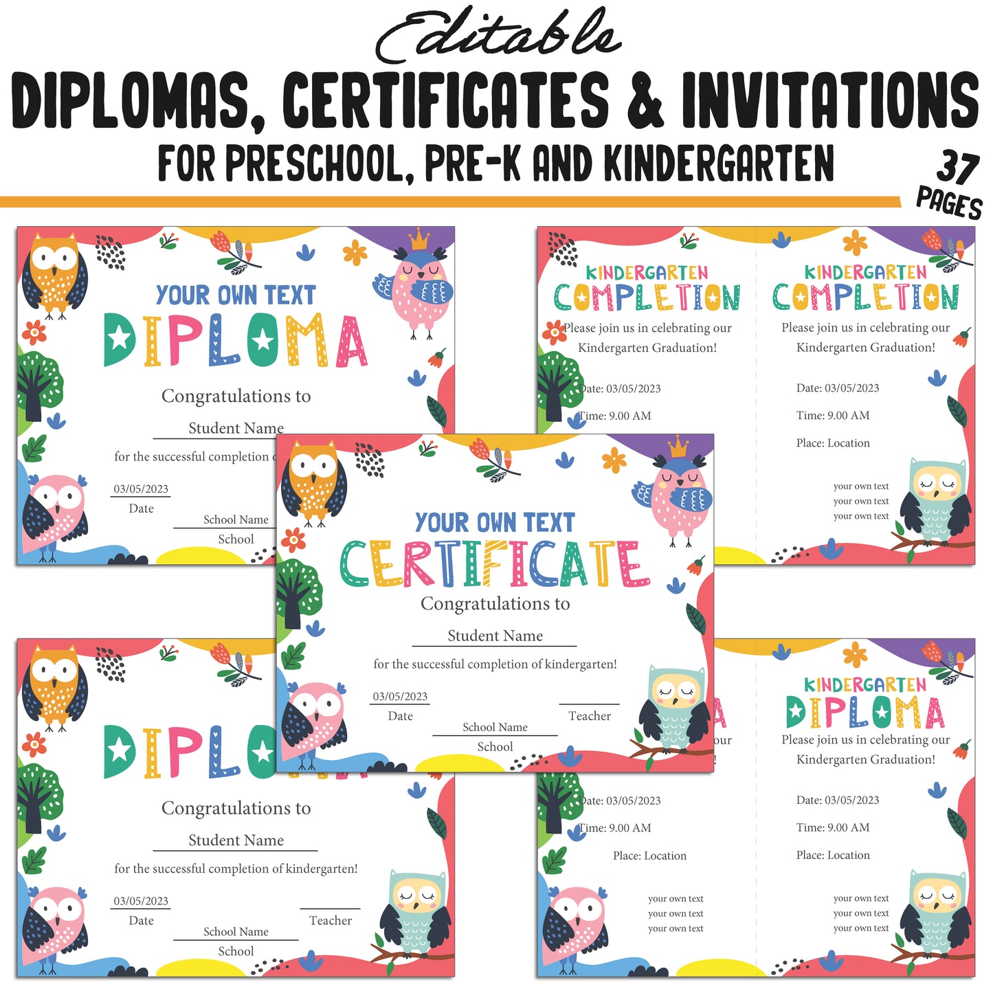 37 Editable Kindergarten, Pre-K, and Preschool Certificates of Completion, Graduation Invitations, Diplomas, and Certificate Templates