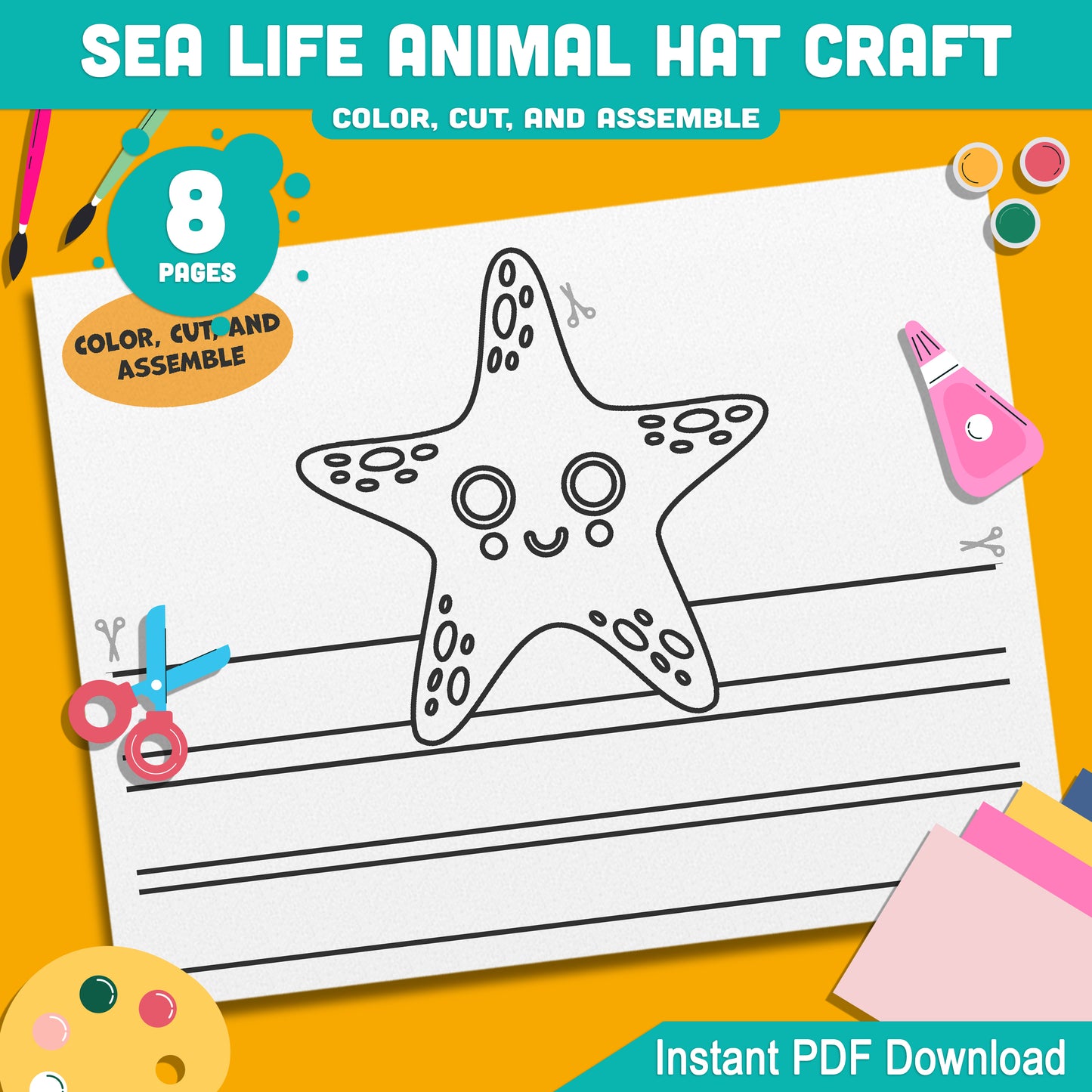 Ocean Animal Hat Templates: 4 Cute Designs Featuring Whale, Crab, Shark, Starfish for Kids’ Creative Crafts at Home or School, Instant PDF