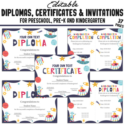 Printable and Editable Kindergarten, Pre-K, and Preschool Completion Certificates, Diplomas & Invitations, PDF Files, Instant Download