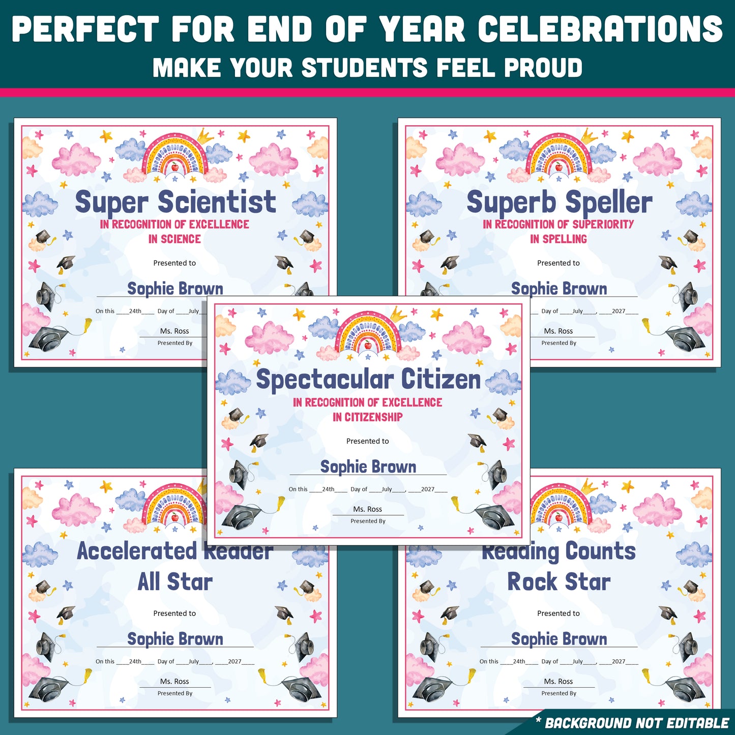 Editable End-of-Year Awards for Preschool, TK, Pre-K, Kindergarten, and 1st Grade, Printable Student Recognition Set, 26 Unique Awards