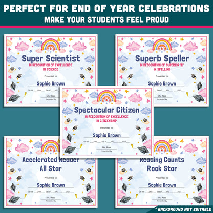 Editable End-of-Year Awards for Preschool, TK, Pre-K, Kindergarten, and 1st Grade, Printable Student Recognition Set, 26 Unique Awards