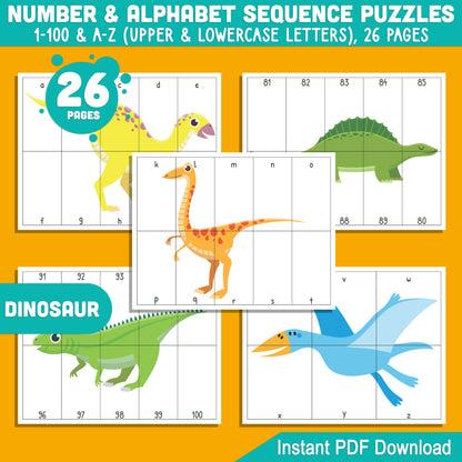 Dinosaur Number and Alphabet Stripe Puzzles: 1-100 Counting and A-Z Sequencing for Toddlers, Preschool, and Kindergarten, Printable PDF for Math Centers