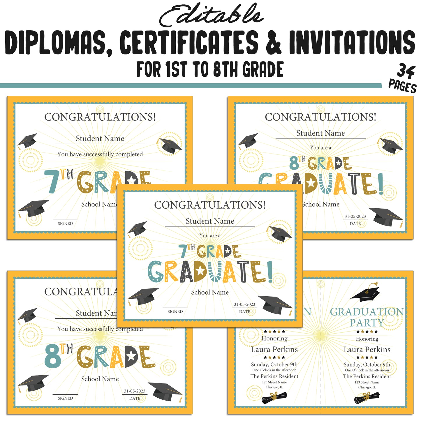 34 Editable First Grade Diplomas, 1st-8th Grade Certificates, Diplomas & Invitation Templates, Golden and Green-Themed, PDF