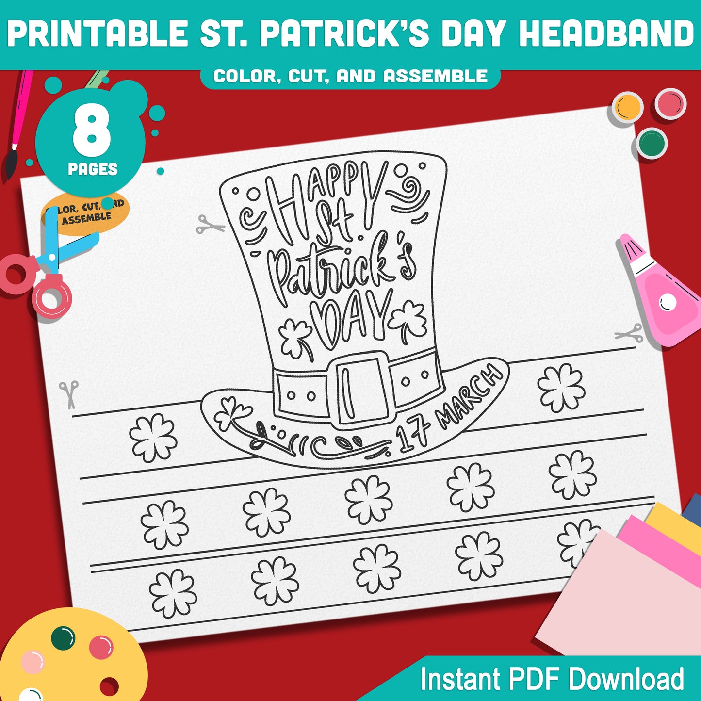 Printable St. Patrick’s Day Headband and Crown Hat Crafts for Kids, Lucky Leprechaun Shamrock Paper Wearable Set, Party Play Activity, Pre-color + Black & White PDF