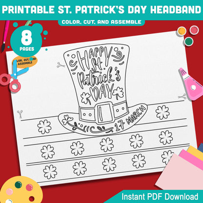 Printable St. Patrick’s Day Headband and Crown Hat Crafts for Kids, Lucky Leprechaun Shamrock Paper Wearable Set, Party Play Activity, Pre-color + Black & White PDF
