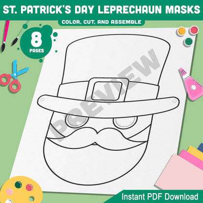 St. Patrick's Day Craft for Kids: Leprechaun Mask Templates with 4 Festive Designs to Color, Cut, and Assemble, Instant Download, PDF File