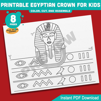 Printable Egyptian Crown for Kids, Pharaoh Cleopatra Sphinx Anubis Paper Hat and Headband Crafts, Fun Color Cut & Wear Activity, 5 Designs, PDF