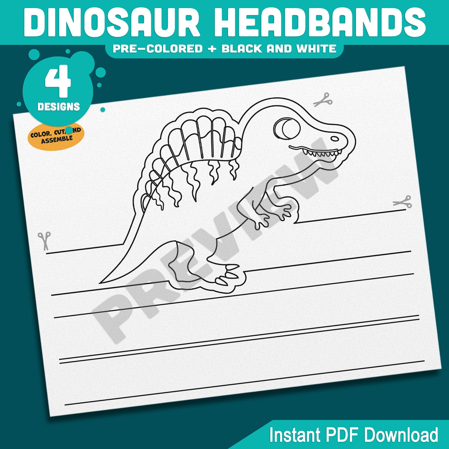 Printable Dinosaur Headbands, Paper Crowns, Color Your Own Hats, Dinosaur Craft Activity, Pre-Colored, Black & White, US Letter, A4