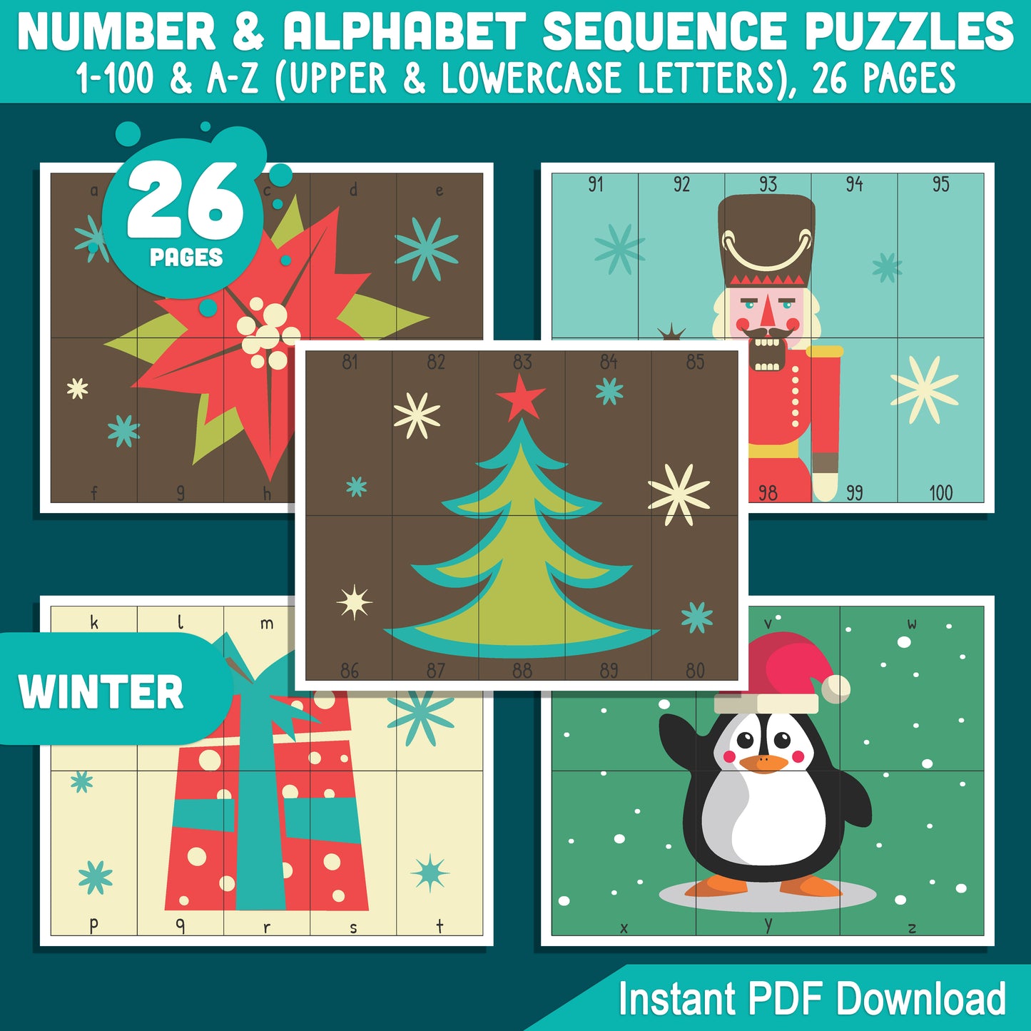 Festive Christmas and Winter Holiday Puzzles: Number 1-100 and Alphabet A-Z Activities for Kids, Ideal for Preschool Math Centers, Printable PDF Download