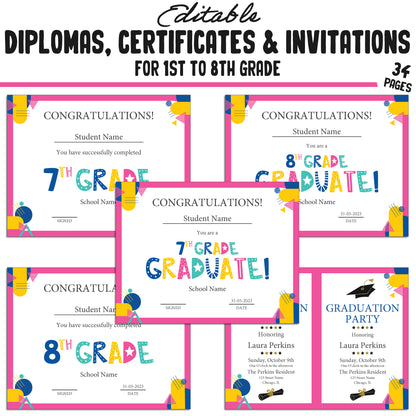 Editable Diploma for 1st Graders, 1st-8th Grade Graduation Certificates & Invitation Templates in a Flat Modern Theme - PDF Instant Download