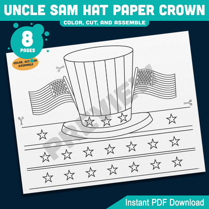 Uncle Sam Paper Hat Crown – Fun USA Patriotic Headband for Preschool & Kindergarten, Party Craft for July 4th or Veterans Day, PDF Download