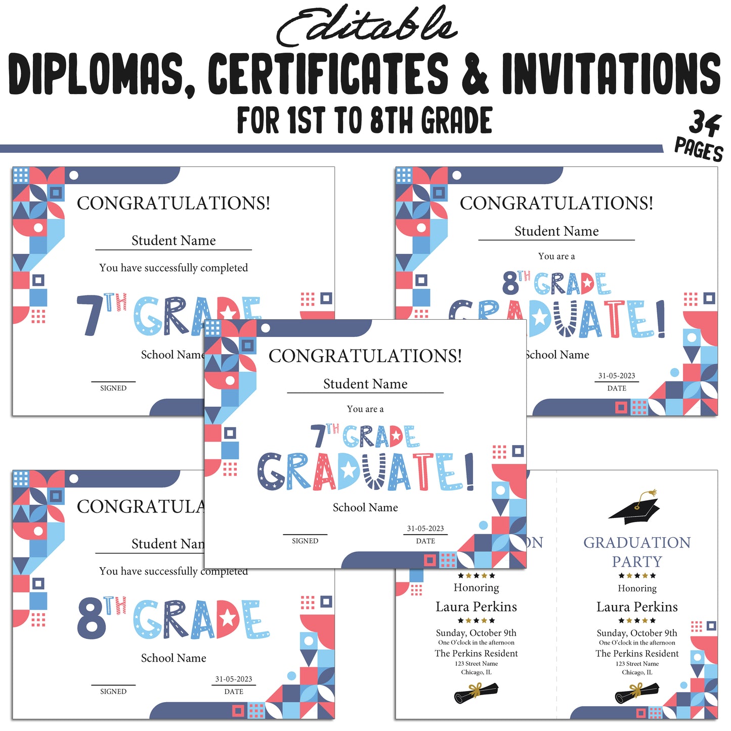 Editable Diplomas for 4th Grade, Certificates for 1st-8th Grade, and Invitation Templates in a Mosaic Theme - 34 Pages, PDF Instant Download