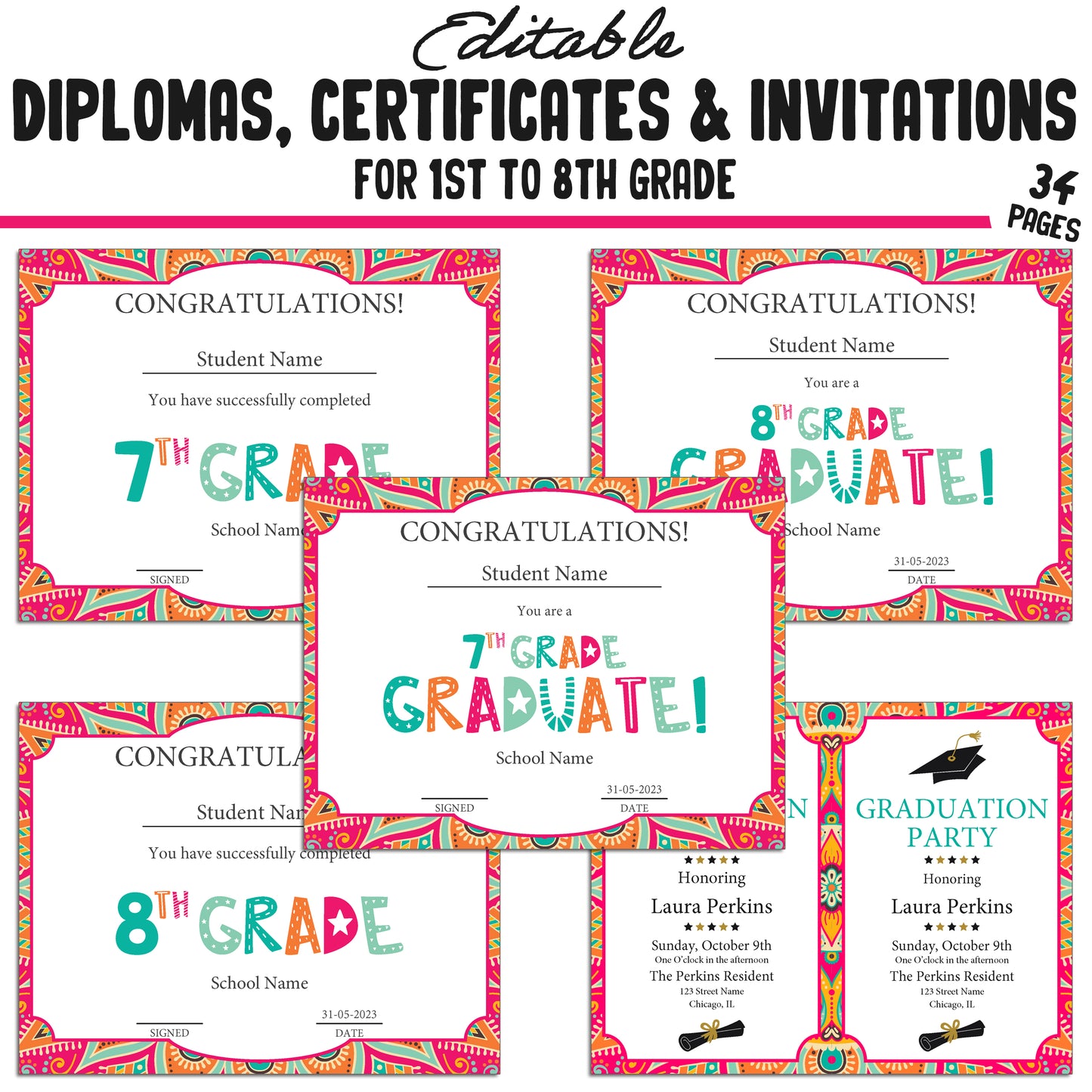 Printable 7th Grade Diplomas, Editable Certificates for 1st-8th Grades, Invitation Templates in Mandala Design, 34 Pages, Instant Download