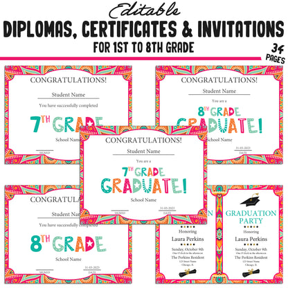 Printable 7th Grade Diplomas, Editable Certificates for 1st-8th Grades, Invitation Templates in Mandala Design, 34 Pages, Instant Download