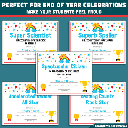 End of School Year Student Awards, Editable Recognition Certificates, 26 Student Awards Pack, Printable Classroom Celebration Materials