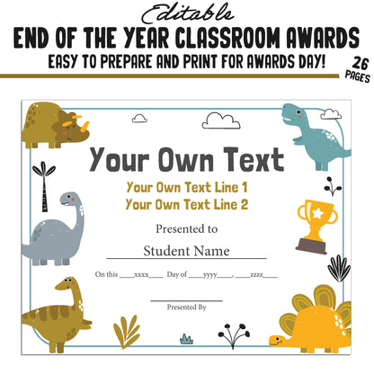 Customizable End-of-Year Awards for Preschool or Kindergarten – 26-Page PDF with Adorable Dinosaur Theme – Instant Download